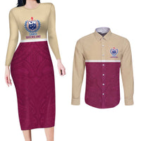 Queensland Samoa Custom Couples Matching Long Sleeve Bodycon Dress and Long Sleeve Button Shirt Maroon Pacific Polynesian Tribal Pattern