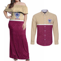 Queensland Samoa Custom Couples Matching Off Shoulder Maxi Dress and Long Sleeve Button Shirt Maroon Pacific Polynesian Tribal Pattern