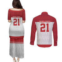 Queensland Tonga Custom Couples Matching Puletasi and Long Sleeve Button Shirt QLD with Tongan Ngatu Pattern