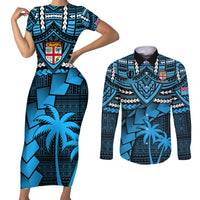 Fiji Rugby Couples Matching Short Sleeve Bodycon Dress and Long Sleeve Button Shirts Go Fijian Tapa Arty with World Cup Vibe LT9 Blue - Polynesian Pride
