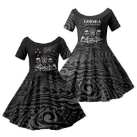 Skeleton Tribe Simbu Province Family Matching Puletasi and Hawaiian Shirt Papua New Guinea Indigenous Pattern LT9 Daughter's Dress Black - Polynesian Pride