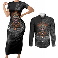 Mokomoko Tribe Eastern Highlands Province Couples Matching Short Sleeve Bodycon Dress and Long Sleeve Button Shirt Papua New Guinea Indigenous Pattern LT9 Black - Polynesian Pride
