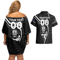 Custom New Zealand Aotearoa Rugby Couples Matching Off Shoulder Short Dress and Hawaiian Shirt Black Fern Maori Tribal Sporty Style LT9 - Polynesian Pride