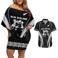 New Zealand Aotearoa Rugby Couples Matching Off Shoulder Short Dress and Hawaiian Shirt Haka Dance Mixed Silver Fern Sporty Style LT9 Black - Polynesian Pride