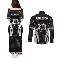New Zealand Aotearoa Rugby Couples Matching Puletasi Dress and Long Sleeve Button Shirt Haka Dance Mixed Silver Fern Sporty Style LT9 - Polynesian Pride