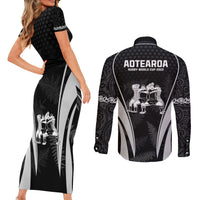 New Zealand Aotearoa Rugby Couples Matching Short Sleeve Bodycon Dress and Long Sleeve Button Shirt Haka Dance Mixed Silver Fern Sporty Style LT9 - Polynesian Pride