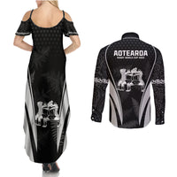 New Zealand Aotearoa Rugby Couples Matching Summer Maxi Dress and Long Sleeve Button Shirt Haka Dance Mixed Silver Fern Sporty Style LT9 - Polynesian Pride