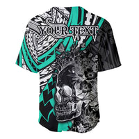 Personalised Polynesia Skull Baseball Jersey Tattoo In The Style Of Maori With Marine Life Aqua LT9 - Polynesian Pride