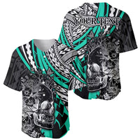 Personalised Polynesia Skull Baseball Jersey Tattoo In The Style Of Maori With Marine Life Aqua LT9 - Polynesian Pride