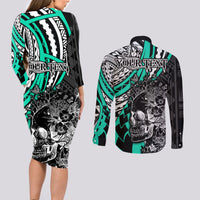 personalised-polynesia-skull-couples-matching-long-sleeve-bodycon-dress-and-long-sleeve-button-shirts-tattoo-in-the-style-of-maori-with-marine-life-aqua