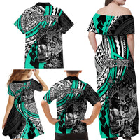 Personalised Polynesia Skull Family Matching Off Shoulder Maxi Dress and Hawaiian Shirt Tattoo In The Style Of Maori With Marine Life Aqua LT9 - Polynesian Pride