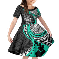 Personalised Polynesia Skull Family Matching Off Shoulder Short Dress and Hawaiian Shirt Tattoo In The Style Of Maori With Marine Life Aqua LT9 Daughter's Dress Aqua - Polynesian Pride