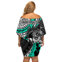Personalised Polynesia Skull Family Matching Off Shoulder Short Dress and Hawaiian Shirt Tattoo In The Style Of Maori With Marine Life Aqua LT9 - Polynesian Pride