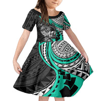 Personalised Polynesia Skull Kid Short Sleeve Dress Tattoo In The Style Of Maori With Marine Life Aqua LT9 KID Aqua - Polynesian Pride