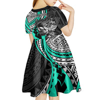 Personalised Polynesia Skull Kid Short Sleeve Dress Tattoo In The Style Of Maori With Marine Life Aqua LT9 - Polynesian Pride