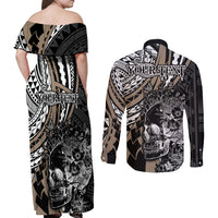 personalised-polynesia-skull-couples-matching-off-shoulder-maxi-dress-and-long-sleeve-button-shirts-tattoo-in-the-style-of-maori-with-marine-life-gold