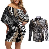 personalised-polynesia-skull-couples-matching-off-shoulder-short-dress-and-long-sleeve-button-shirts-tattoo-in-the-style-of-maori-with-marine-life-gold