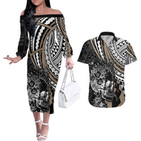 personalised-polynesia-skull-couples-matching-off-the-shoulder-long-sleeve-dress-and-hawaiian-shirt-tattoo-in-the-style-of-maori-with-marine-life-gold