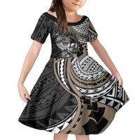 Personalised Polynesia Skull Family Matching Short Sleeve Bodycon Dress and Hawaiian Shirt Tattoo In The Style Of Maori With Marine Life Gold LT9 Daughter's Dress Gold - Polynesian Pride