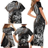 Personalised Polynesia Skull Family Matching Short Sleeve Bodycon Dress and Hawaiian Shirt Tattoo In The Style Of Maori With Marine Life Gold LT9 - Polynesian Pride