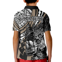 Personalised Polynesia Skull Kid Polo Shirt Tattoo In The Style Of Maori With Marine Life Gold LT9 - Polynesian Pride