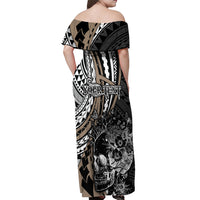 Personalised Polynesia Skull Off Shoulder Maxi Dress Tattoo In The Style Of Maori With Marine Life Gold LT9 - Polynesian Pride