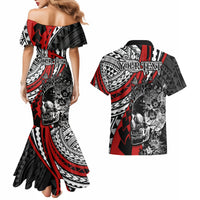 personalised-polynesia-skull-couples-matching-mermaid-dress-and-hawaiian-shirt-tattoo-in-the-style-of-maori-with-marine-life-red