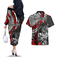 personalised-polynesia-skull-couples-matching-off-the-shoulder-long-sleeve-dress-and-hawaiian-shirt-tattoo-in-the-style-of-maori-with-marine-life-red