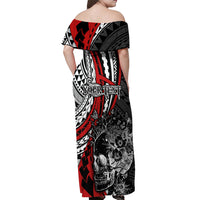 Personalised Polynesia Skull Off Shoulder Maxi Dress Tattoo In The Style Of Maori With Marine Life Red LT9 - Polynesian Pride