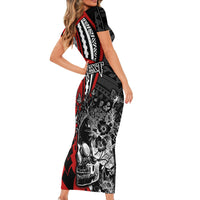 Personalised Polynesia Skull Short Sleeve Bodycon Dress Tattoo In The Style Of Maori With Marine Life Red LT9 - Polynesian Pride
