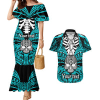 Personalised Polynesia Skull Couples Matching Mermaid Dress and Hawaiian Shirt With Boars Tusk Aqua Arty Vibe LT9 Aqua - Polynesian Pride