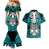 Personalised Polynesia Skull Couples Matching Mermaid Dress and Hawaiian Shirt With Boars Tusk Aqua Arty Vibe LT9 - Polynesian Pride