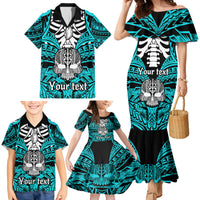 Personalised Polynesia Skull Family Matching Mermaid Dress and Hawaiian Shirt With Boars Tusk Aqua Arty Vibe LT9 - Polynesian Pride