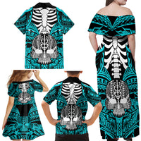 Personalised Polynesia Skull Family Matching Off Shoulder Maxi Dress and Hawaiian Shirt With Boars Tusk Aqua Arty Vibe LT9 - Polynesian Pride