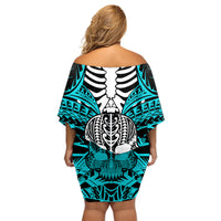 Personalised Polynesia Skull Family Matching Off Shoulder Short Dress and Hawaiian Shirt With Boars Tusk Aqua Arty Vibe LT9 - Polynesian Pride