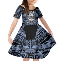 Personalised Polynesia Skull Family Matching Off Shoulder Short Dress and Hawaiian Shirt With Boars Tusk Blue Arty Vibe LT9 Daughter's Dress Blue - Polynesian Pride