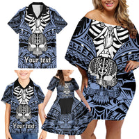 Personalised Polynesia Skull Family Matching Off Shoulder Short Dress and Hawaiian Shirt With Boars Tusk Blue Arty Vibe LT9 - Polynesian Pride