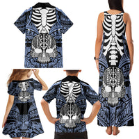 Personalised Polynesia Skull Family Matching Tank Maxi Dress and Hawaiian Shirt With Boars Tusk Blue Arty Vibe LT9 - Polynesian Pride