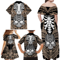 Personalised Polynesia Skull Family Matching Off Shoulder Maxi Dress and Hawaiian Shirt With Boars Tusk Gold Arty Vibe LT9 - Polynesian Pride