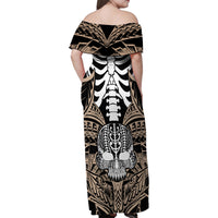Personalised Polynesia Skull Family Matching Off Shoulder Maxi Dress and Hawaiian Shirt With Boars Tusk Gold Arty Vibe LT9 - Polynesian Pride