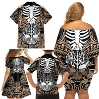 Personalised Polynesia Skull Family Matching Off Shoulder Short Dress and Hawaiian Shirt With Boars Tusk Gold Arty Vibe LT9 - Polynesian Pride