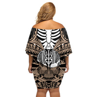 Personalised Polynesia Skull Family Matching Off Shoulder Short Dress and Hawaiian Shirt With Boars Tusk Gold Arty Vibe LT9 - Polynesian Pride