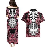 Personalised Polynesia Skull Couples Matching Puletasi Dress and Hawaiian Shirt With Boars Tusk Pink Arty Vibe LT9 - Polynesian Pride