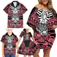Personalised Polynesia Skull Family Matching Off Shoulder Short Dress and Hawaiian Shirt With Boars Tusk Pink Arty Vibe LT9 - Polynesian Pride