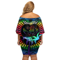 Personalised Fiji LGBT Off Shoulder Short Dress Love Is Love Tapa Pattern Rainbow Water Color LT9 - Polynesian Pride