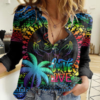 Personalised Fiji LGBT Women Casual Shirt Love Is Love Tapa Pattern Rainbow Water Color LT9 Female Black - Polynesian Pride