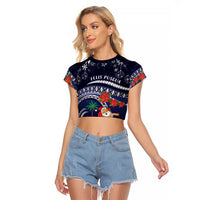 Felis Pusgua Guam Santa Raglan Cropped T Shirt Merry Christmas with Polynesian Tribal