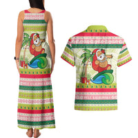 Mele Kalikimaka Hawaii Christmas Couples Matching Tank Maxi Dress and Hawaiian Shirt Surfing Santa with Polynesian Tribal