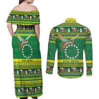 Meri Kiritimiti Cook Islands Christmas Couples Matching Off Shoulder Maxi Dress and Long Sleeve Button Shirt Maroro Flying Fish and White Stars