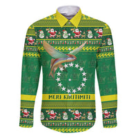 Meri Kiritimiti Cook Islands Christmas Family Matching Off Shoulder Short Dress and Hawaiian Shirt Maroro Flying Fish and White Stars LT9 Dad's Shirt - Long Sleeve Green - Polynesian Pride